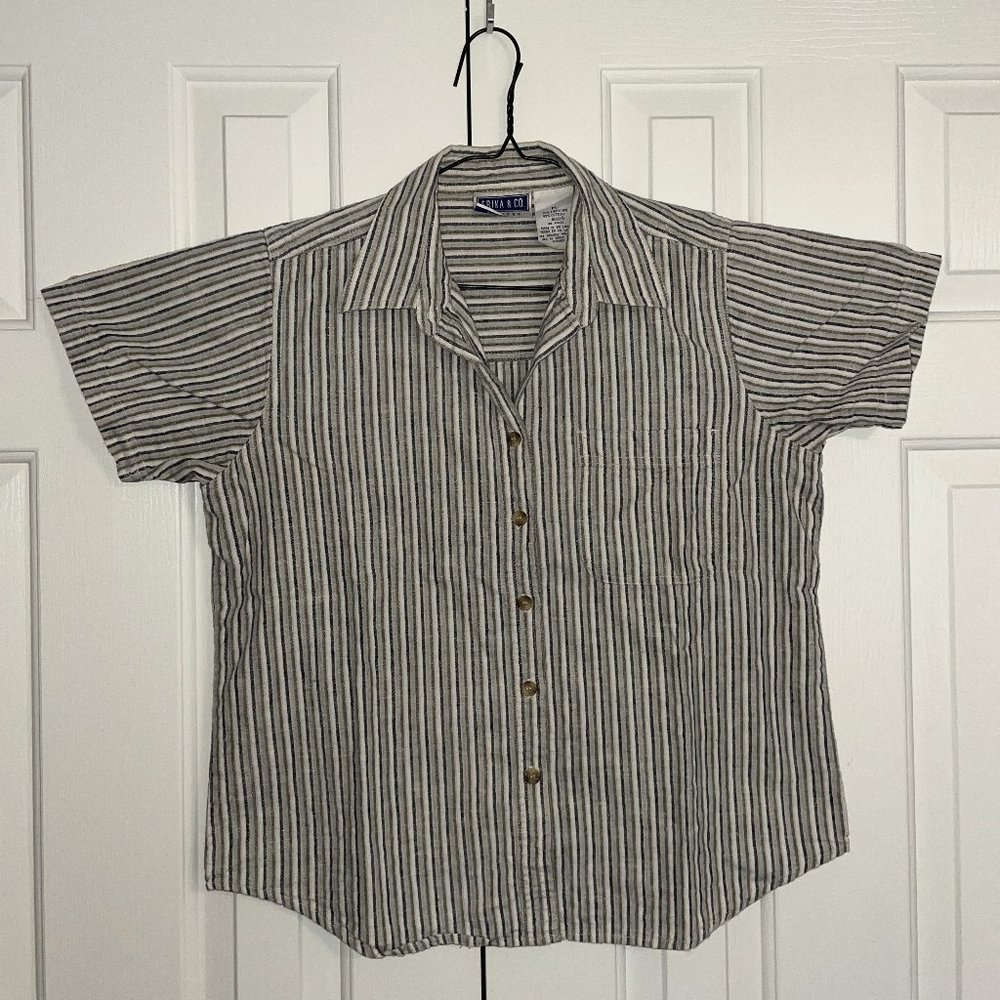 Blue/Green and Gray Vertical Striped Button-Up Top with Breast Pocket Petite